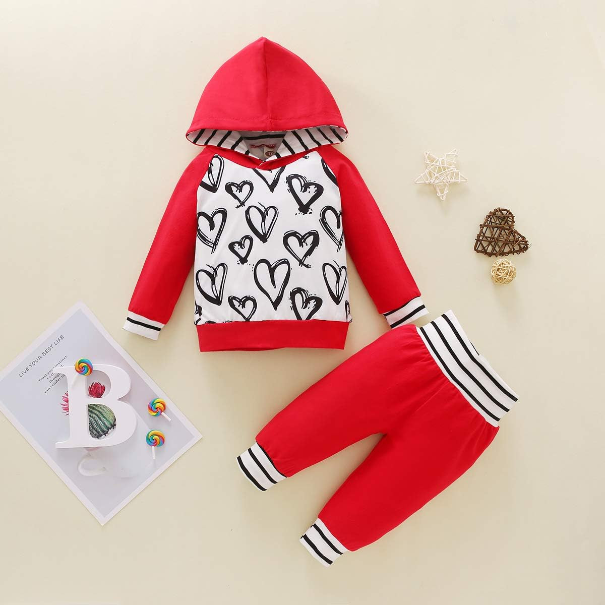 Newborn Baby Girls Boys Valentines' Day Outfits Hooded Sweatshirt Long Sleeve T-Shirt Top + Pants Set (Red, 18.24 Months)