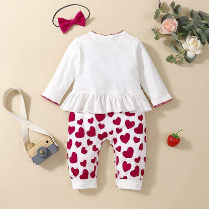Newborn Baby Girl Fall Clothes Casual Long Sleeve Love Elephant Printed Romper Jumpsuit with Headband (White Red, 12-18 Months)