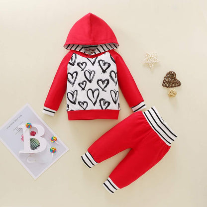 Newborn Baby Girls Boys Valentines' Day Outfits Hooded Sweatshirt Long Sleeve T-Shirt Top + Pants Set (Red, 18.24 Months)