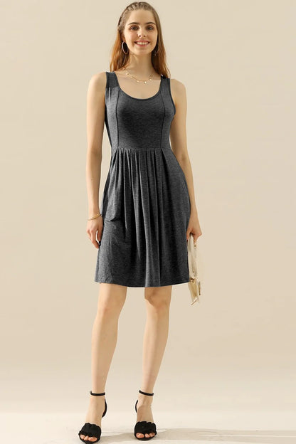 Doublju Full Size round Neck Ruched Sleeveless Dress with Pockets
