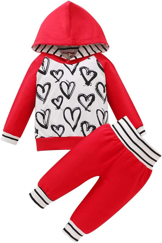 Newborn Baby Girls Boys Valentines' Day Outfits Hooded Sweatshirt Long Sleeve T-Shirt Top + Pants Set (Red, 18.24 Months)